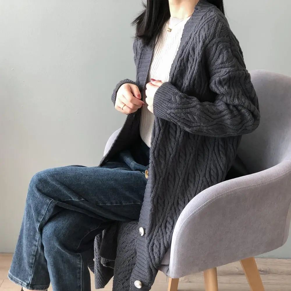 

V-neck loose-knit sweater for autumn/winter medium length sweater sweater lazy sweater dress large cardigan