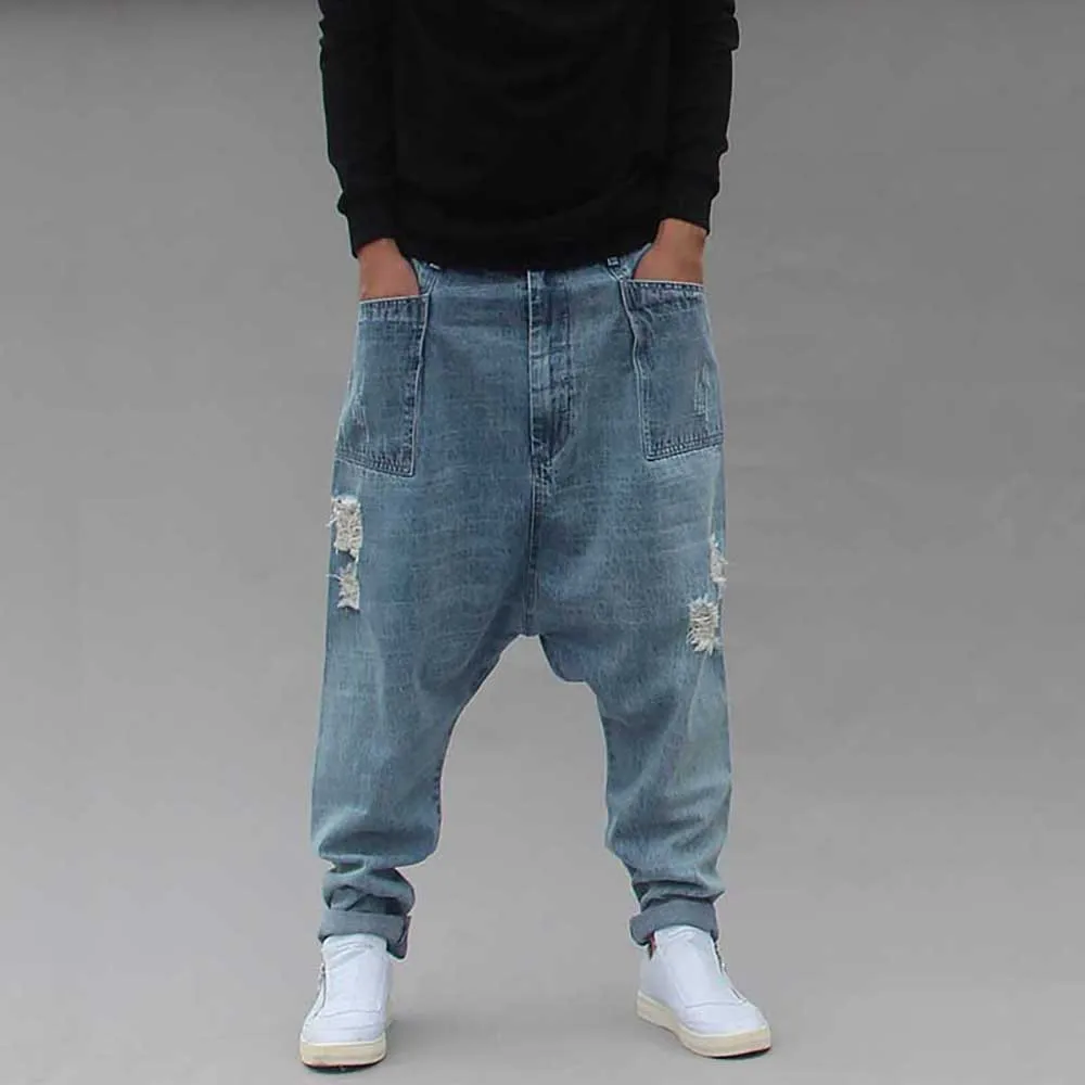 Distressed Streetwear Ripped Harem Jeans Men Casual Loose Baggy Trousers Hip Hip Dropcrotch Denim Pants Male Clothes Big Size