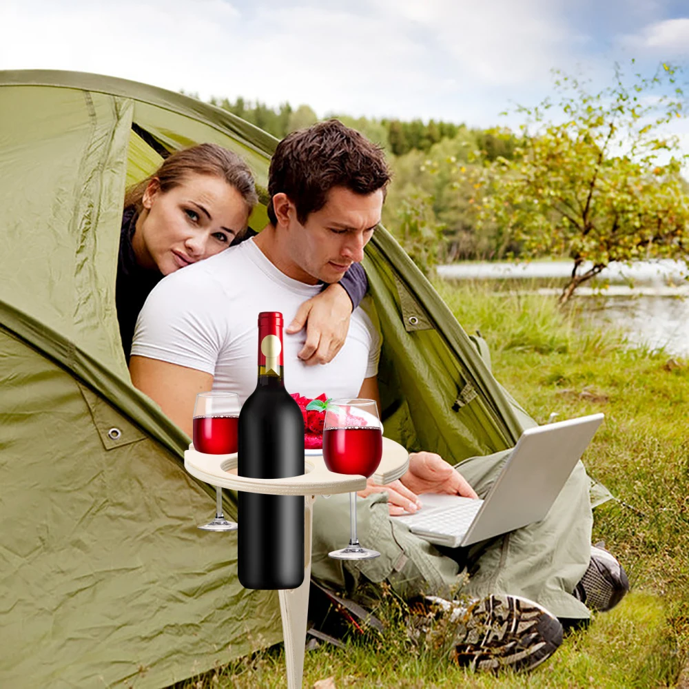 

Folding Wine Table Easy To Carry With Foldable Round Desktop Mini Wooden For Garden Travel Outdoor Beach Picnic Camping Tables