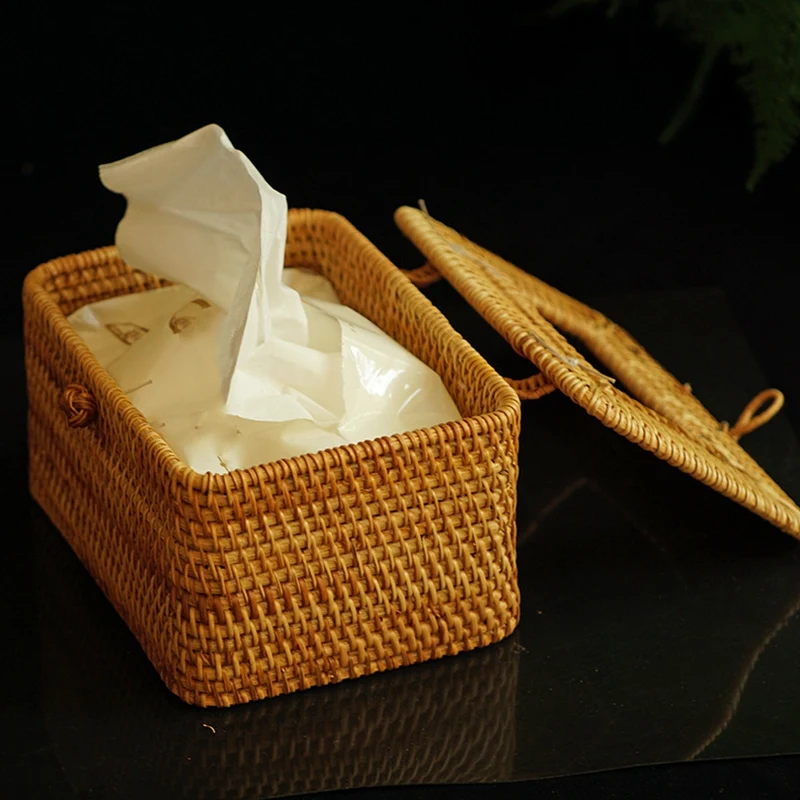 

Rectangle Paper Rack Rattan Tissue Box Elegant Home Decoration Handmade Desktop Tissue Container Napkin Storage Case