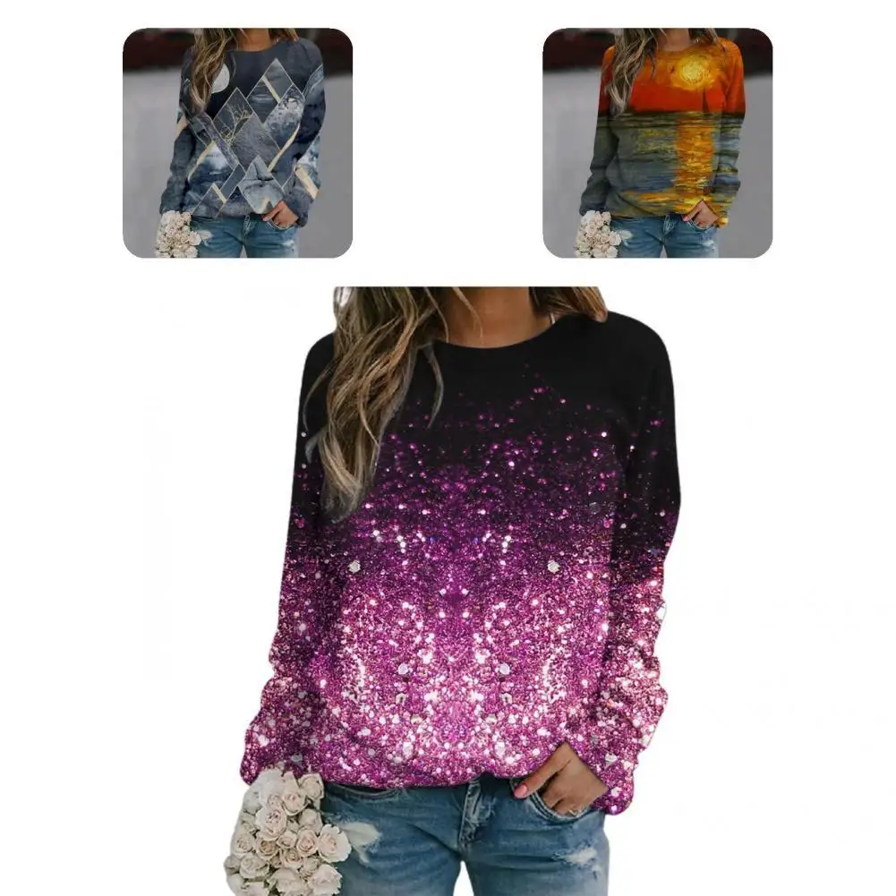 

Trendy Pullover Top Round Neck Super Soft Lightweight Shiny Print Women Pullover Top