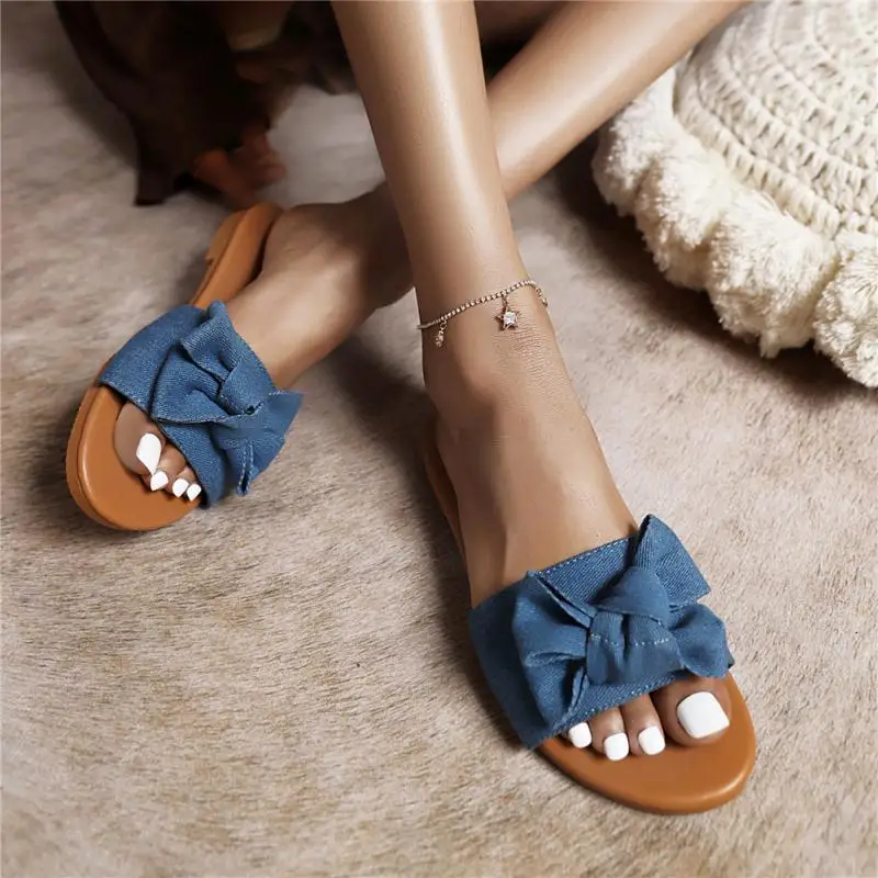 

2021 Women Slippers Flat Heel Mules Shoes Butterfly-Knot Sandals for Ladies Summer Leisure Women Fashion Slipper Beach Footwear