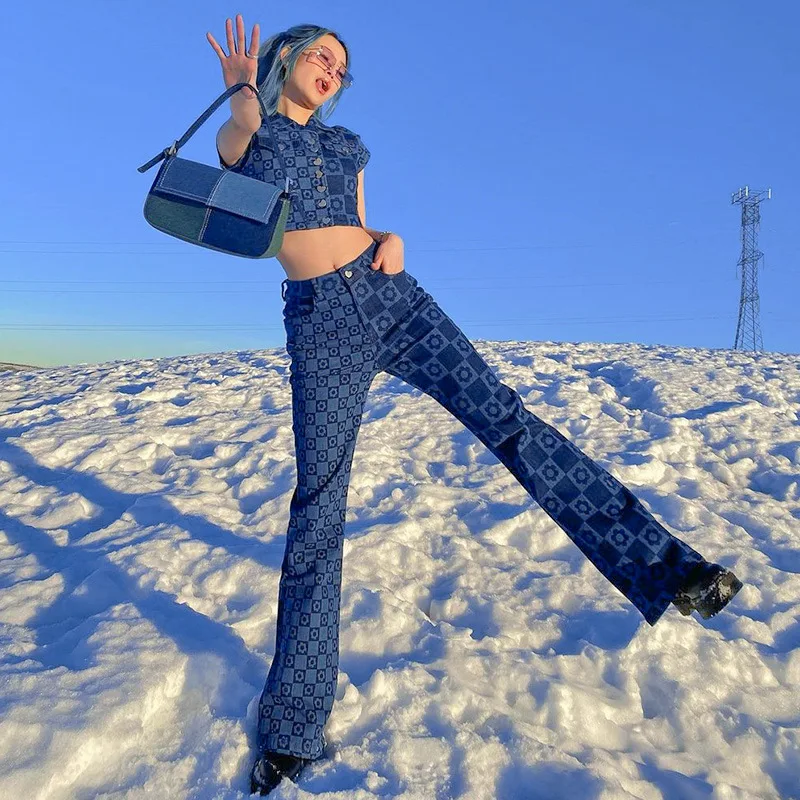 

2022 Print Blue Jean Pants Women High Waist Summer Spring Vintage Fashion Wide Leg Casual Denim Long Trousers Harajuku