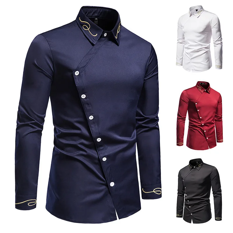 

2021 New Hollow European Size Men's Trend Embroidered Asymmetric Long-sleeved Shirt Western Shirt Slim Fit Social Dress