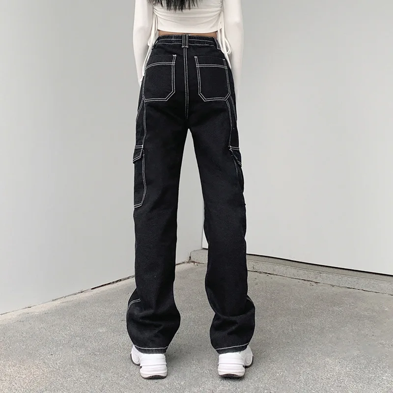 JMPRS Pockets Patchwork Women Baggy Jeans Fashion Y2K Streetwear 100% Cotton Denim Pants Loose Cargo Harajuku Black Trousers | Женская