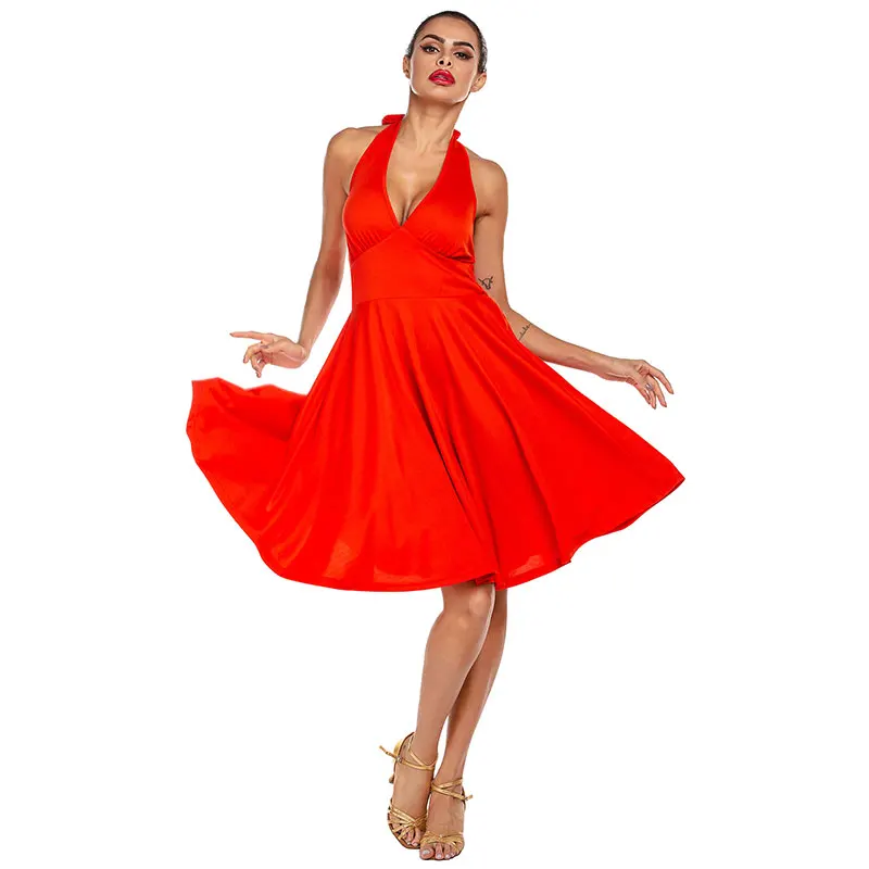 Красное сексуальное платье с низким вырезом на шее для латинских танцев