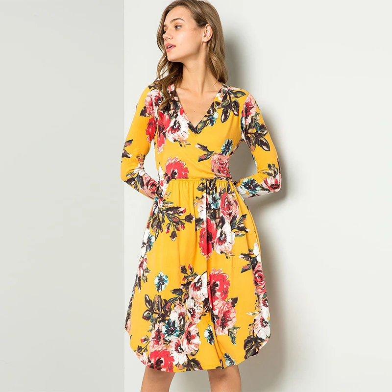 

2021 Spring Autumn fashion Retro Flower print women's mid dress new casual v neck long sleeve empire a line slim ladies dresses