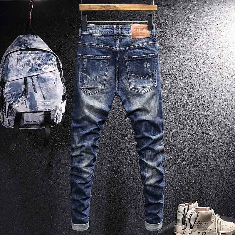 Italian Style Fashion Men Jeans High Quality Retro Blue Slim Ripped Jeans Men Vintage Designer Frayed Hole Casual Denim Pants