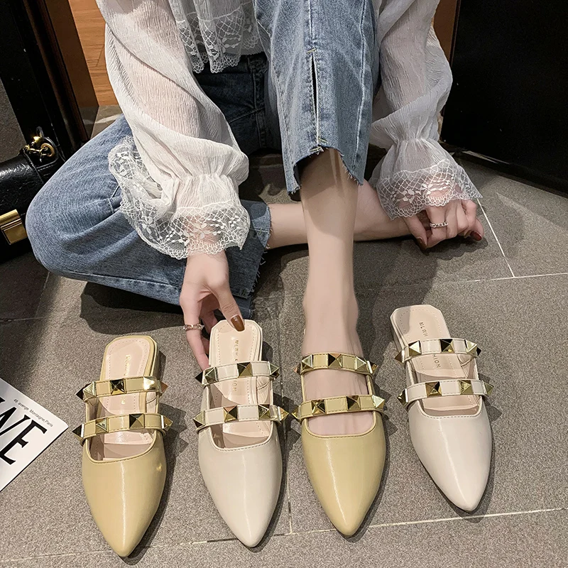 

Square heel Med Shoes Woman 2021 Female Slippers Cover Toe Rivet Mules Sexy Luxury Slides Block New Soft Summer Designer Hoof He