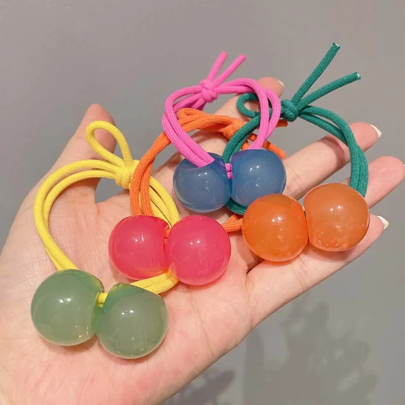 

Colorful Ball Rubber Band Headdress Geometric Crystal Cherry Elastic Hair Rope For Kids Girls Ponytail Holder Hair Accessories
