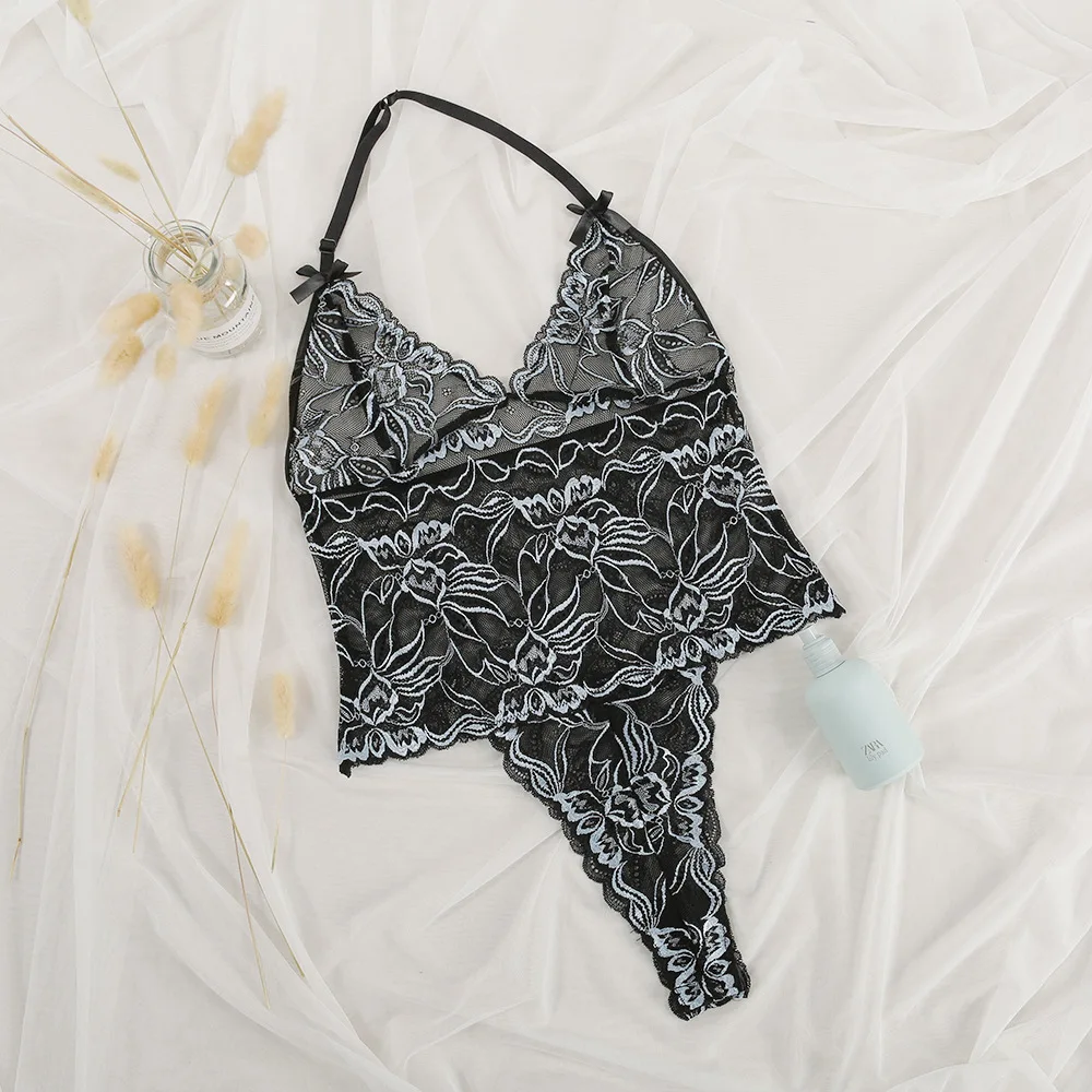 

Sexy V-neck Lace Mesh Perspective Transparent Mbroidery Flowers Summer Bandage Blue embroidery Tops Bodysuits Korea Women Z23N
