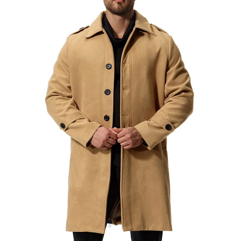 

Autumn winter men's coat wool long/solid color business Lapel simple and versatile single breasted blended windbreaker for men