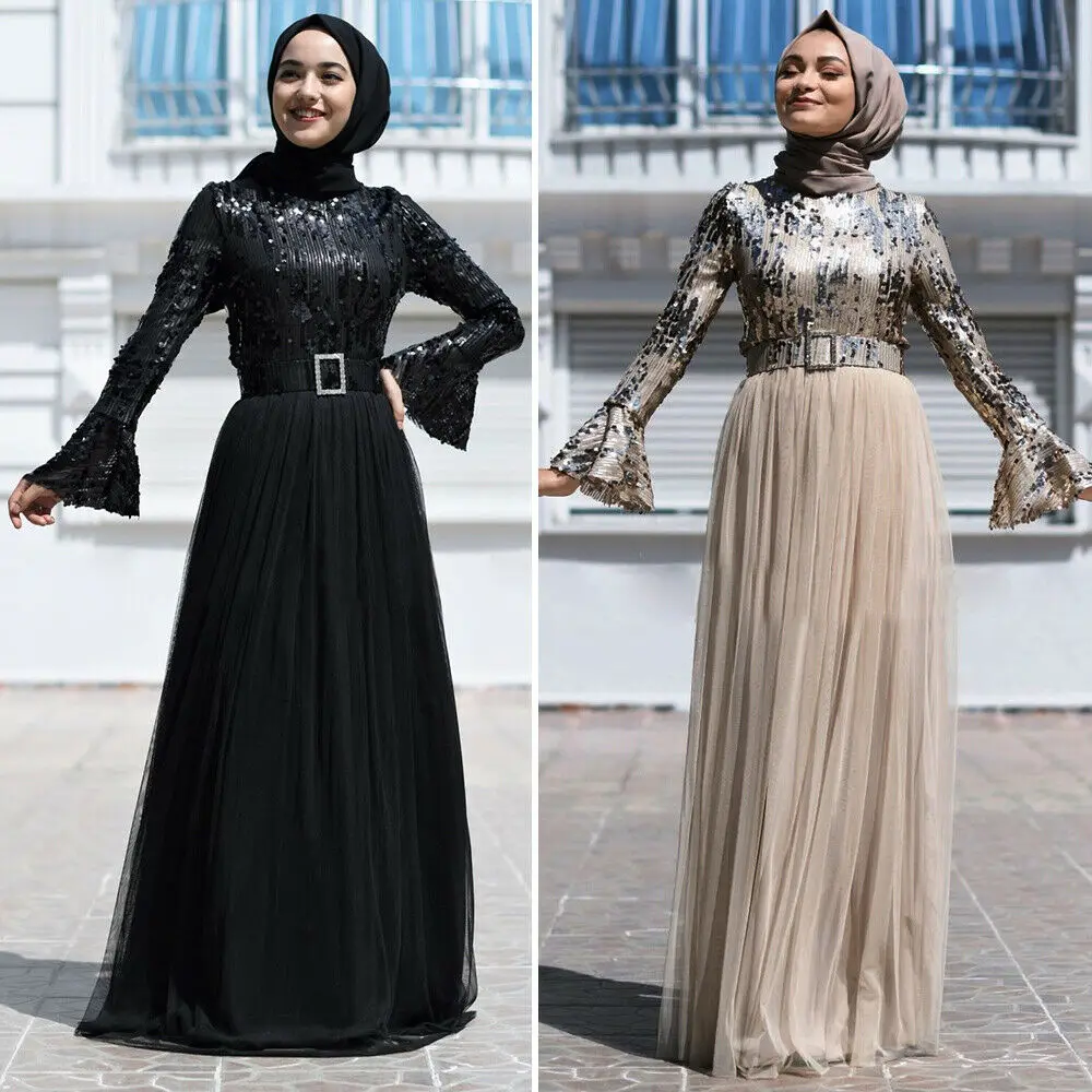 Модные Sequines для женщин мусульманская абайя Платье макси с длинным рукавом Кафтан