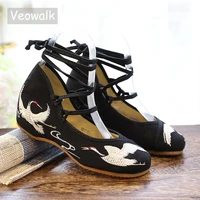 veowalk crane embroidered women canvas lace up strappy ballet flats chinese style ladies casual cotton fabric embroidery shoes