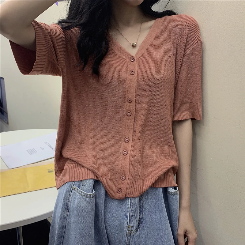 

V-neck Short-Sleeved Knitted Cardigan Thin Women's Summer Ice Silk Gentle Versatile Loose Slimming Xuan Ya Short Top