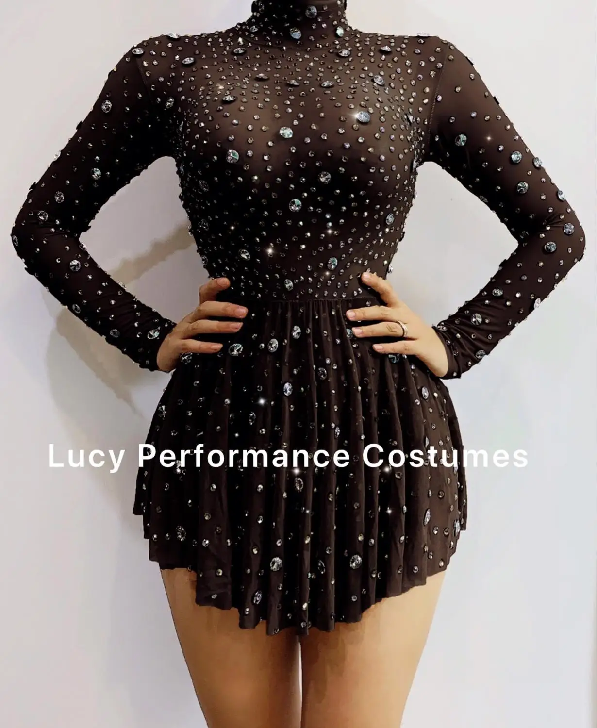 

New women's sexy dress show party celebration costume stage singer dancer crystal dress long sleeve