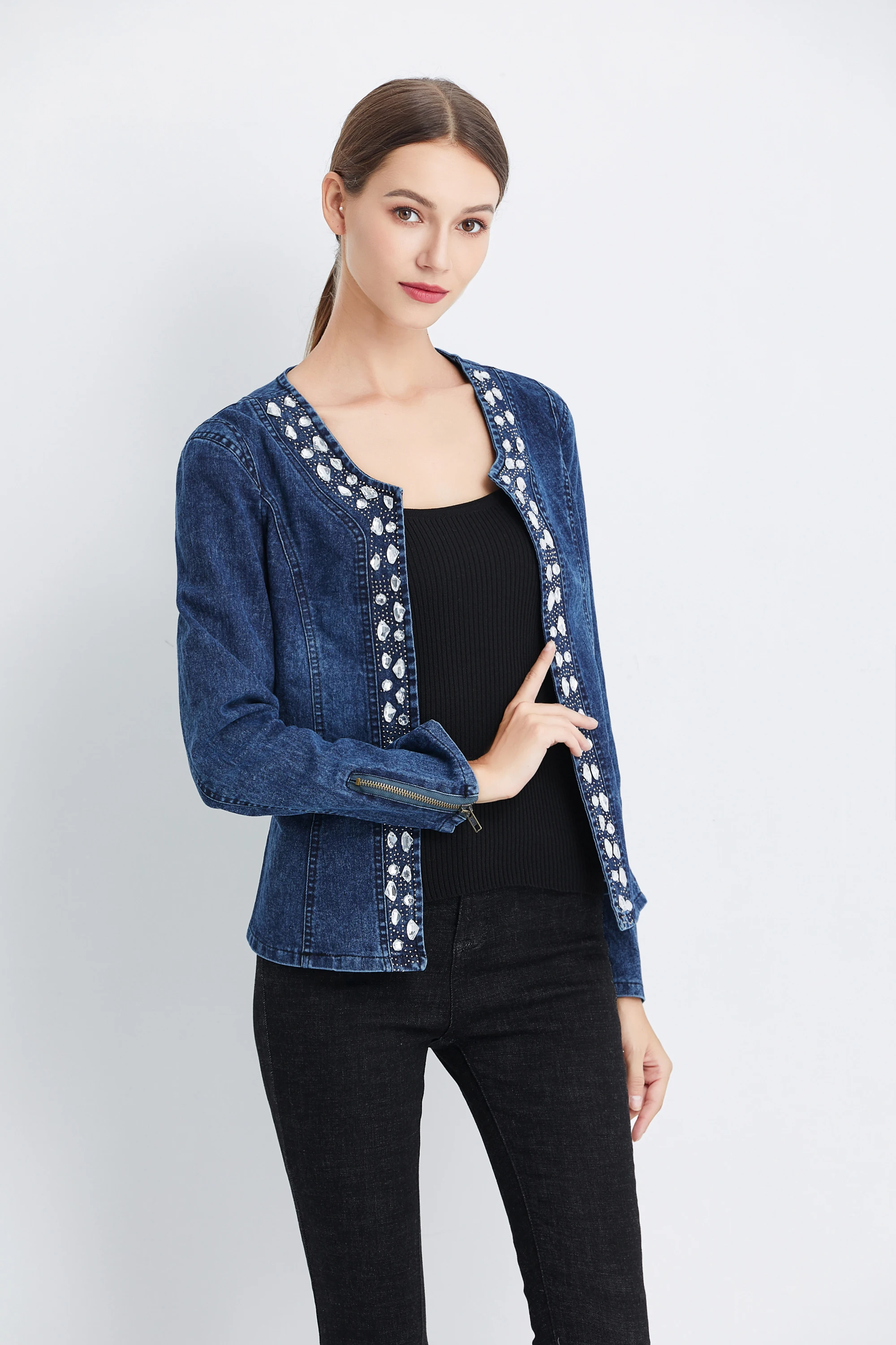 

FMFSSOM New Spring Antumn Denim Jackets Vintage Diamonds Casual Coat Women's Denim Jacket Basis Tops Outerwear Jeans