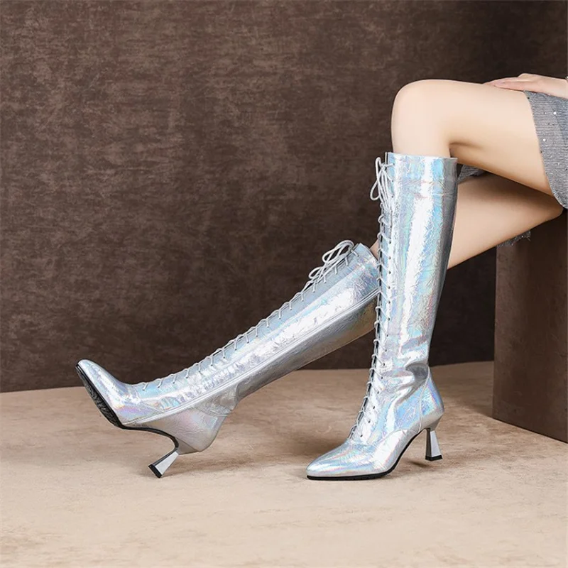 

Women's Knee High Boots Silver Embossed Color Changing Performance Stage Plus Size Nightclub Sexy Boots Cross-tied Women Shoes