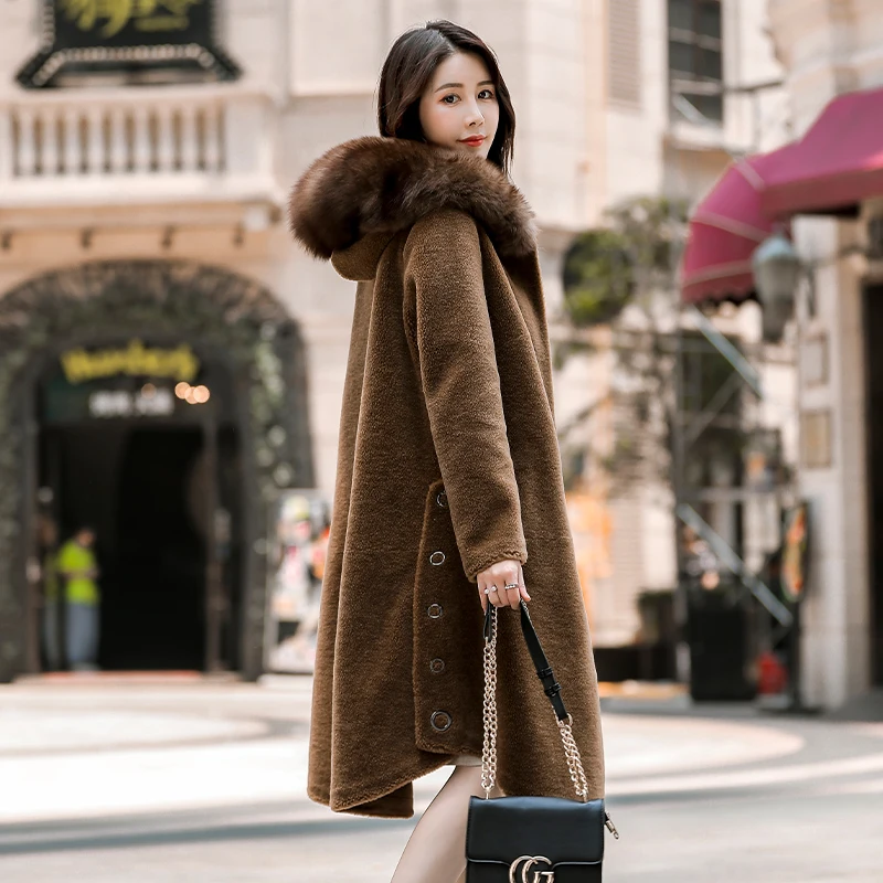 Женская Шуба из овечьей шерсти зимняя куртка с воротником лисьего меха 100%