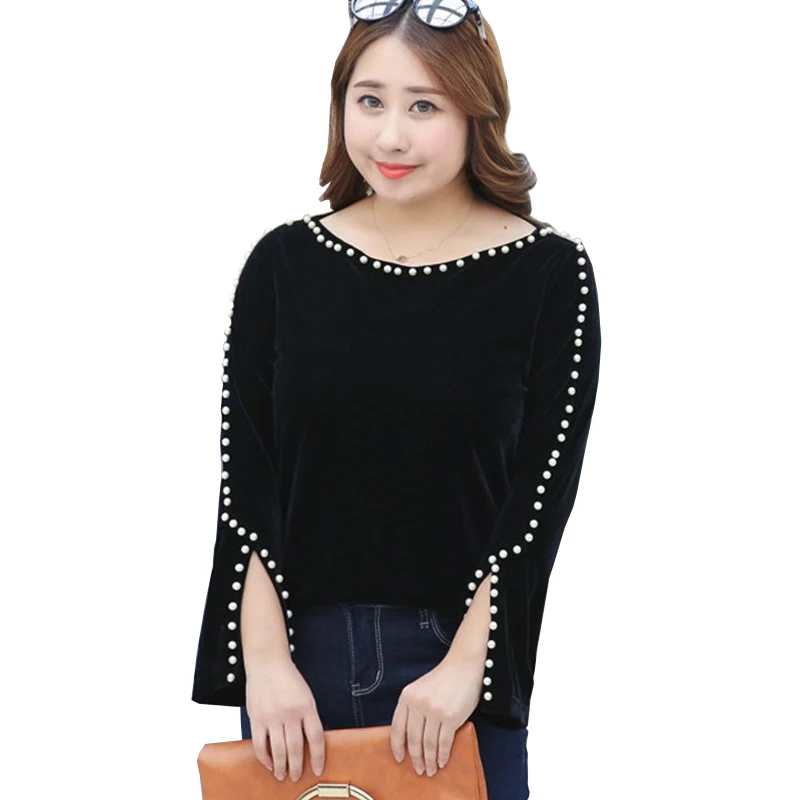 Женская бархатная футболка с длинным рукавом круглым вырезом | одежда