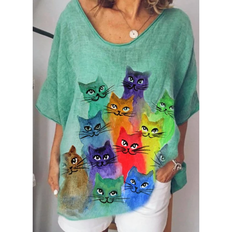 

Women's Plus Size Top Cat Print Casual Loose V-neck Short-sleeve T-shirt Women Pullover Tee Shirts Summer Elegant Lady Fashion