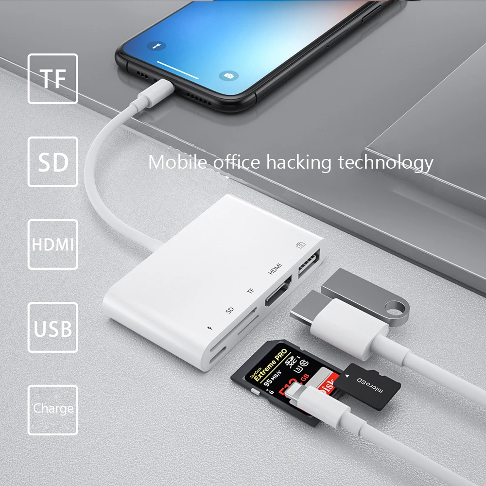 Адаптер для камеры 5 в 1 с Lightning на USB HDMI устройство чтения карт SD/TF iPhone iPad iOS14 U диска