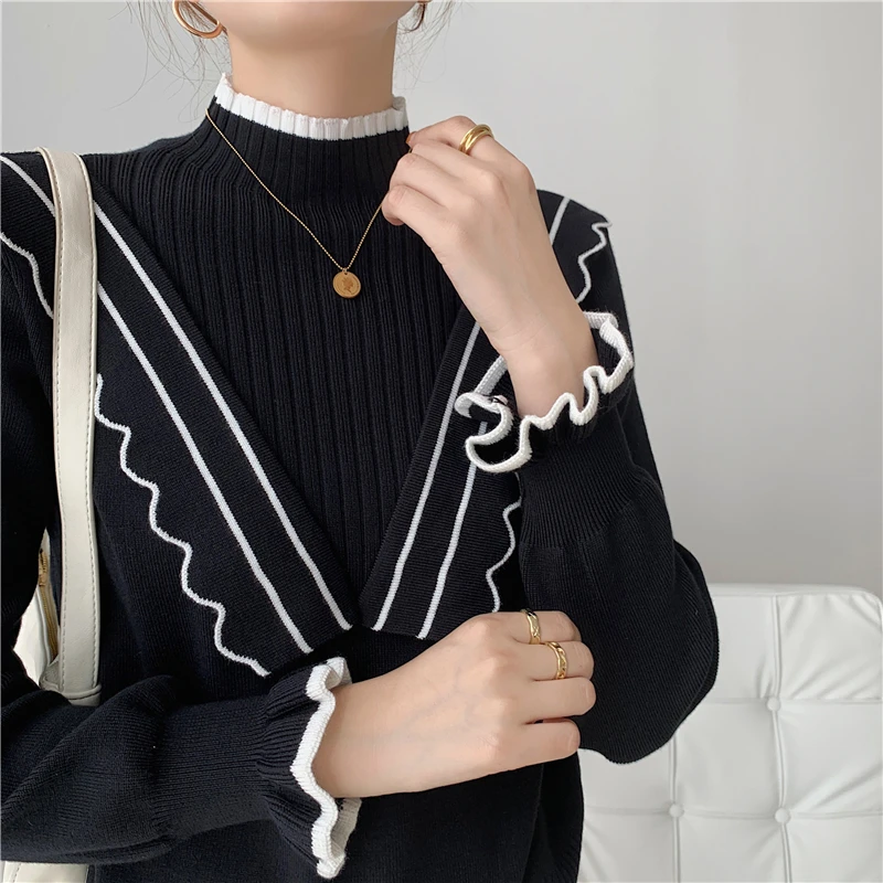 

Winter Half Turtleneck Ruffles Sweaters Women Fall 2021 Knitted Pullovers Korean Fashion Tops Tees Black Female Jumpers S099