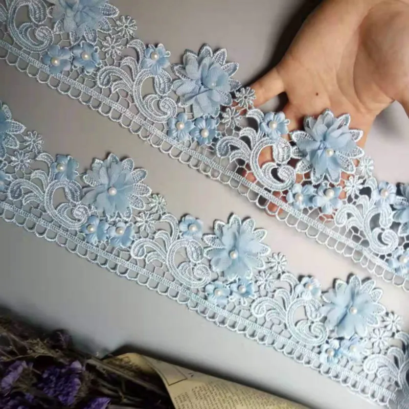 

1 ярд синий 9 см жемчуг 3D цветок кисточка кружевная отделка края Лента ткань вышитая аппликация шитье Рукоделие свадебное платье одежда