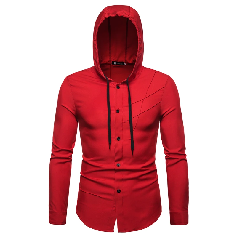 

2021 Men's Hooded Solid Color Personalized Tailoring Slim Button Long Sleeve Shirt Men's Shirt