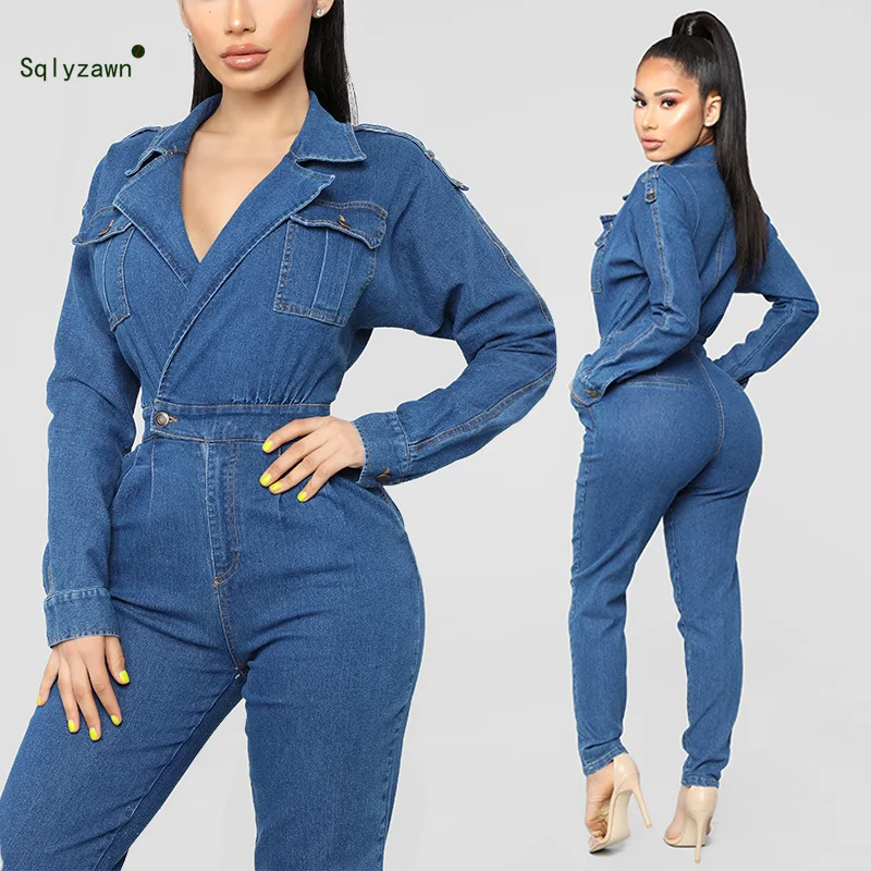 Женский джинсовый комбинезон на пуговицах синие комбинезоны с длинным рукавом и