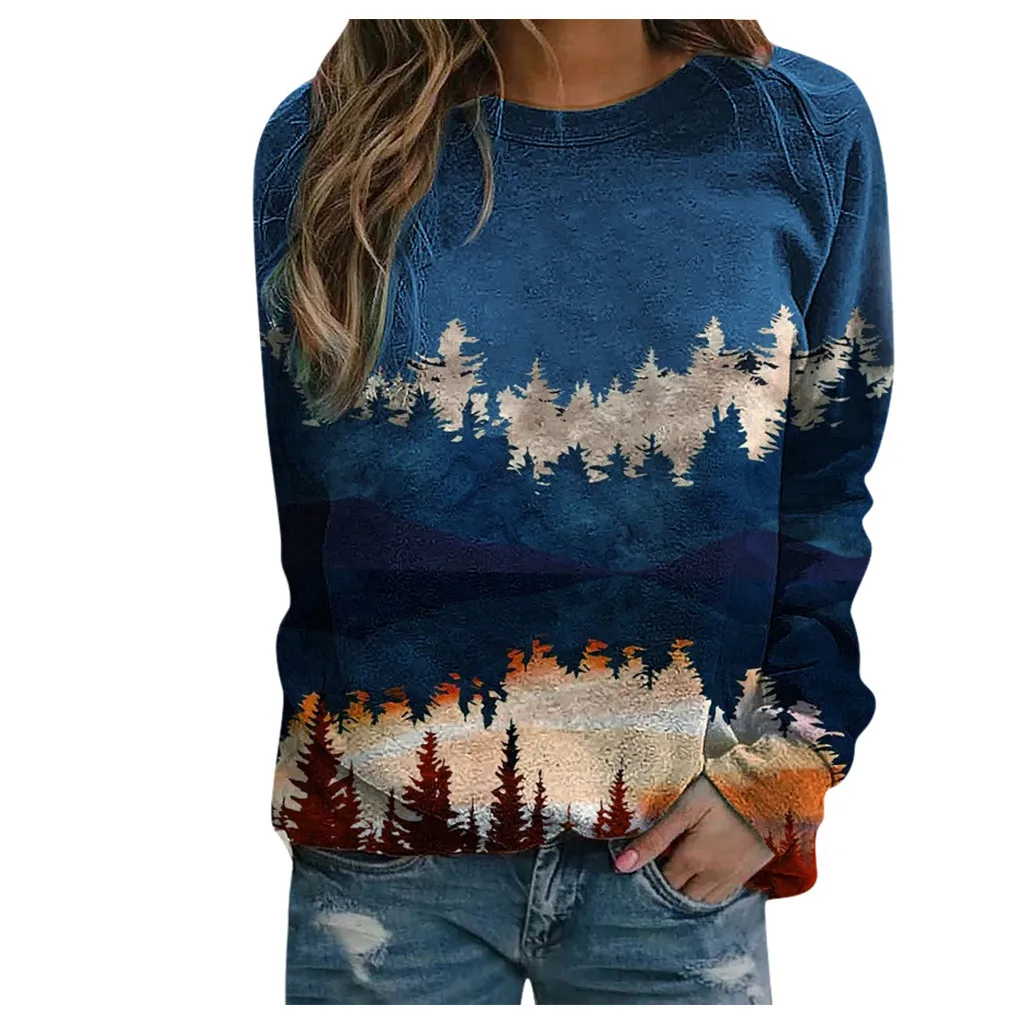 

Winter Plus Size Crewneck Sweatshirt Women Mountain Element Printed Pullover Long Sleeve Causal Shirts Tops sudadera A30