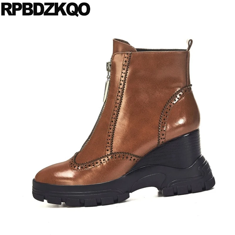 Женские ботильоны на платформе коричневые полусапожки высоком каблуке с круглым