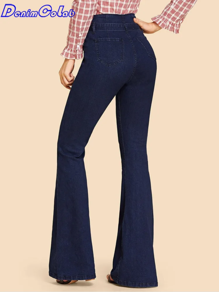 Denimcolab 2022 Fashion Belted With Knot Flared Pant Woman High Waist Elastic Jeans Ladies Plain Washed Casual Trousers Jeans images - 6