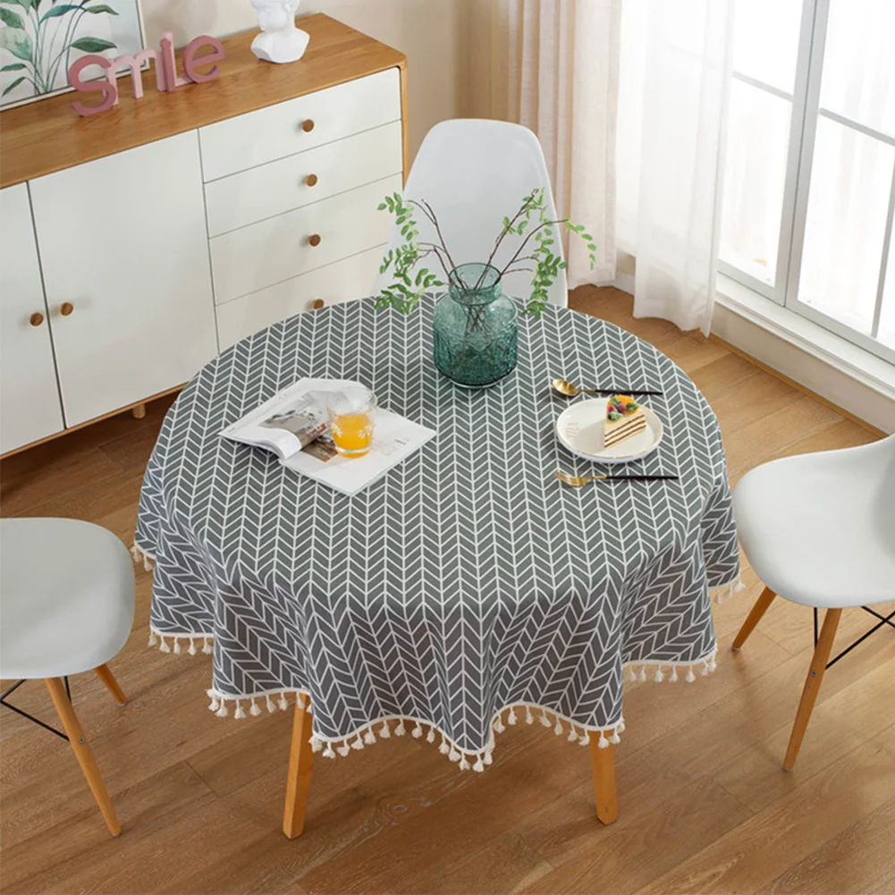 

Round Tablecloth Washable Home Decor Reusable Geometric With Tassel Cotton Linen Round Tablecloth