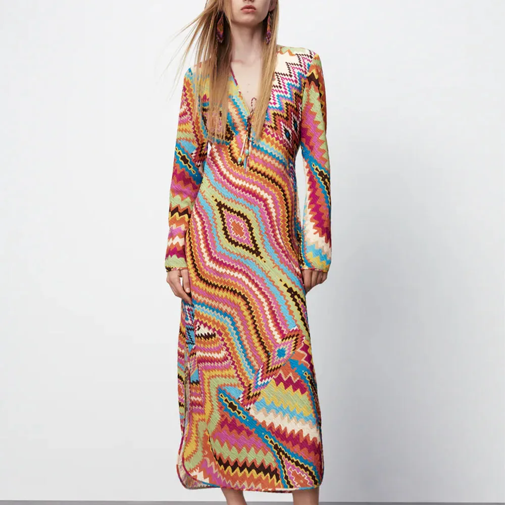 

Женское облегающее платье BM UR HM ZA, асимметричное платье со шнуровкой и V-образным вырезом, платье средней длины с длинным рукавом и принтом, с...