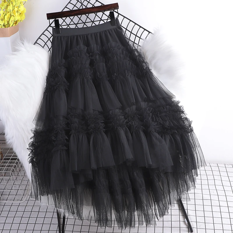 

2021 Fashion Ruffles Irregular Hem Mesh Stitching Skirt A-line Ball Grown Cake Tie Tulle Skirts