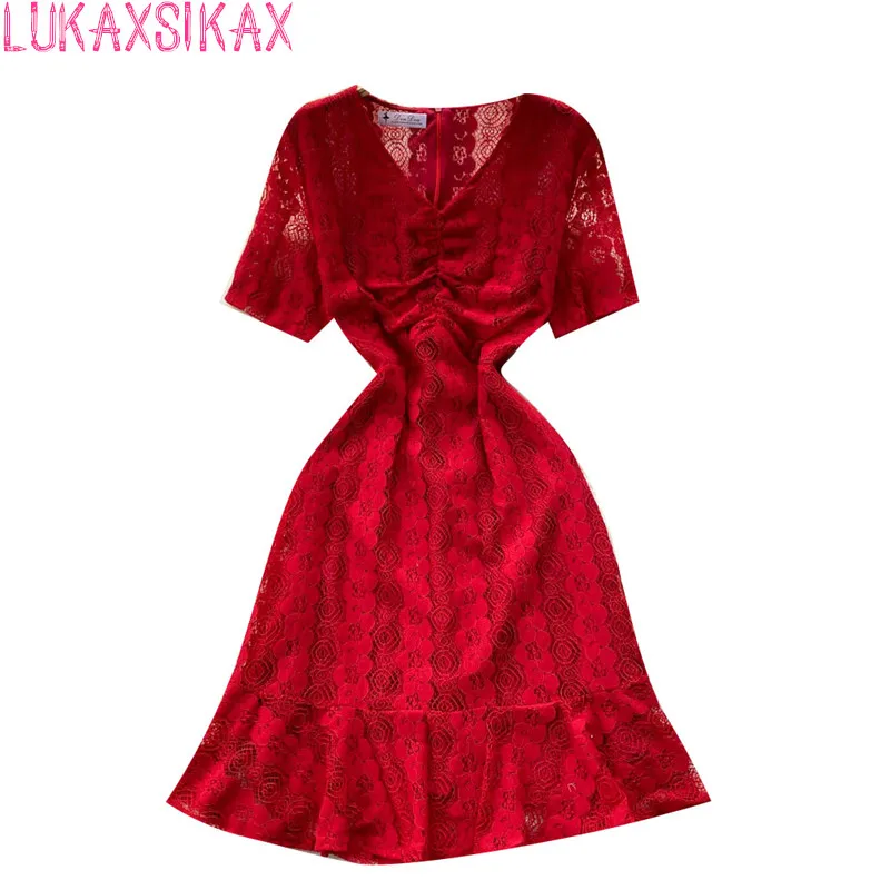 

LUKAXSIKAX, Новинка лета 2021, женское тонкое мини-платье с V-образным вырезом и коротким рукавом, модное кружевное платье-русалка в стиле ретро
