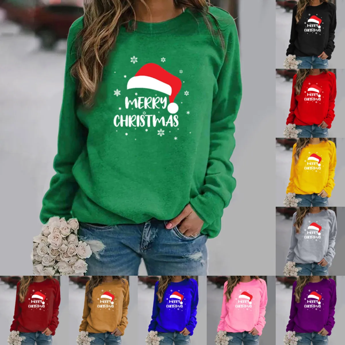 

Women Hoodie Merry Christmas Hat Printed Hoodies Women Fleece Long Sleeve O Neck Loose Sweatshirt Girls Pullovers Winter