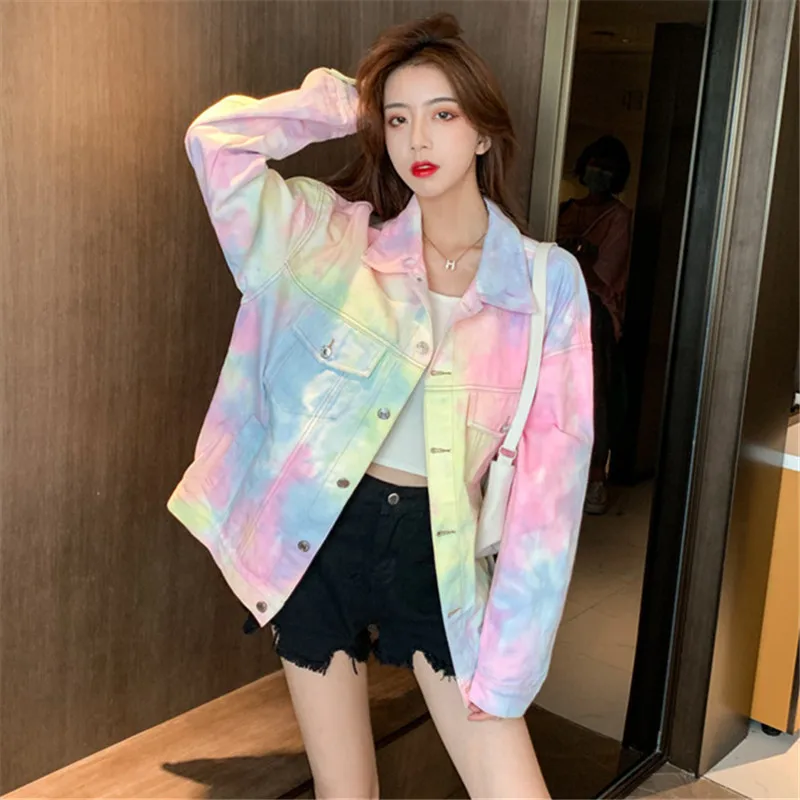 

Print Rainbow Denim Jacket Women Spring Autumn Harajuku Casual Long Sleeve Jeans Coat High Street Korean 2021 New Female Outwear