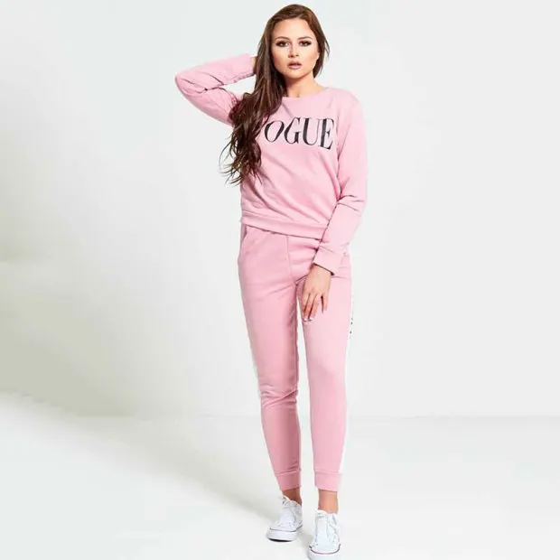 2 piece outfits for women sweatsuits set VOGUE Letter Printed 0-Neck Sweatshirt + Patchwork Long Pant Piece Set | Женская одежда