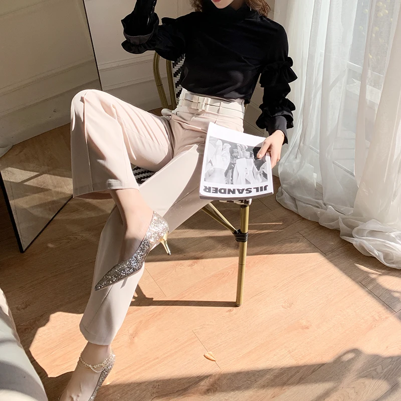

Spring Autumn Office Lady High Waist Pants Double Belt Professional Thin Straight Trousers Women Pants TA917