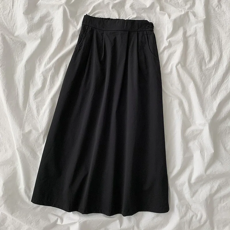 

Korejpaa Women Skirts 2021 Summer Korean New Student Casual Mid-Length Solid Color Half-Length A-Line High Waist Loose Skirt