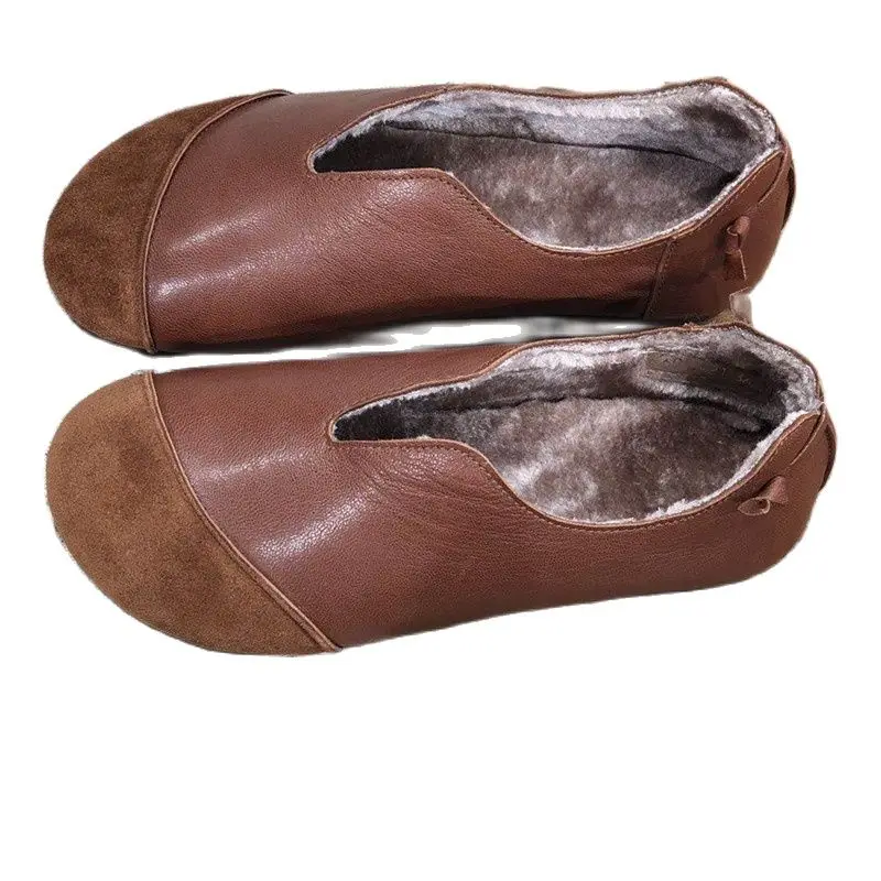 

6061-21 зимняя новая утолщенная теплая кожаная обувь, женская повседневная обувь в стиле ретро с искусственным рисунком на плоской подошве из овечьей шерсти