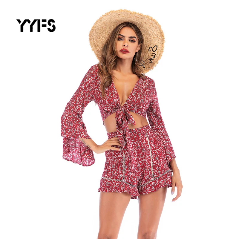 

Сексуальные женские богемные комплекты глубокий v-образный вырез цветочный принт шифон Два шт Пляжный комплект с бантиком расклешенный рук...