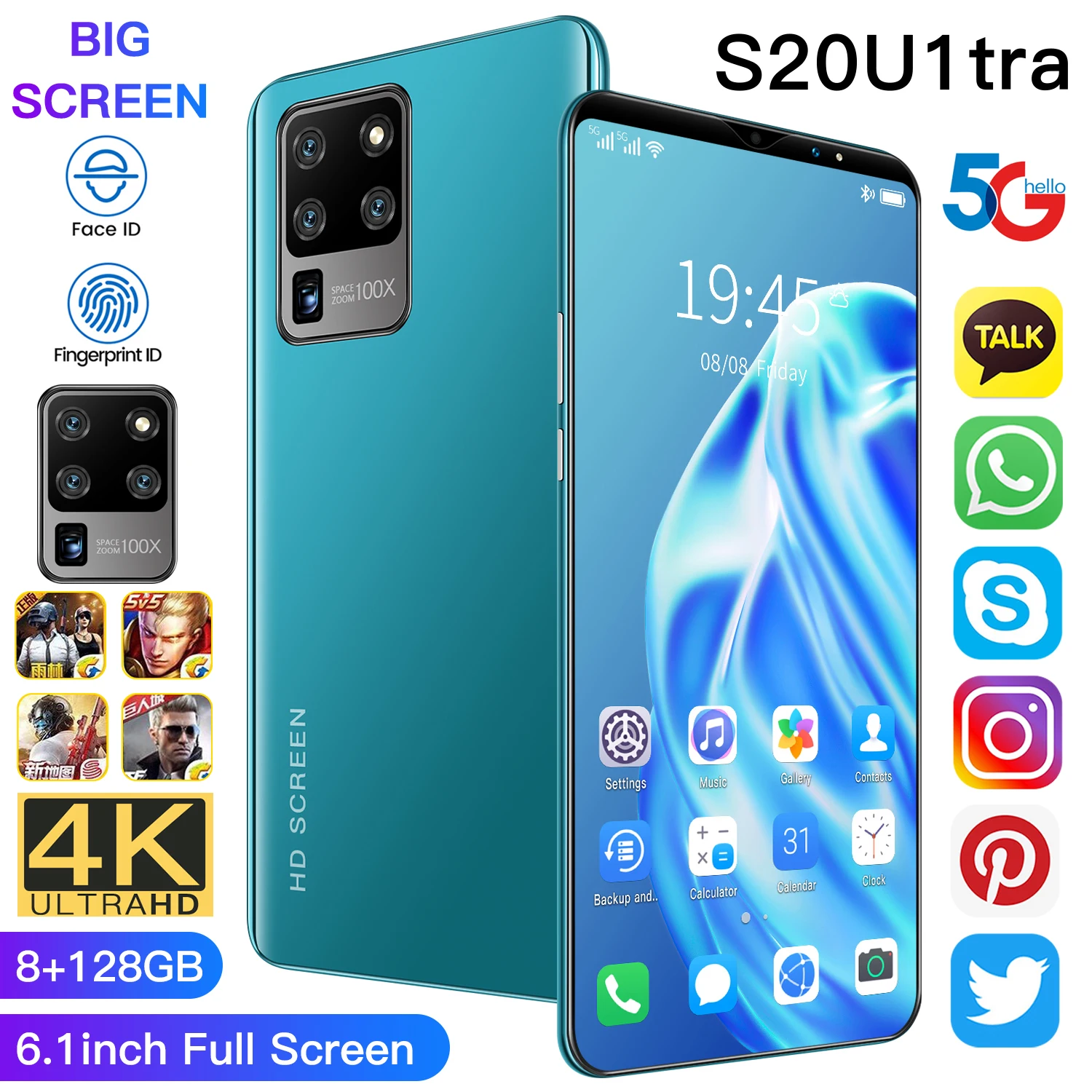 

Global S20U1tra 6.1Inch Unlocked Cellphones 8 Core Smartphone 8GB RAM 128GB ROM 13+24MP Mobilephone Game Phone 5G LTE