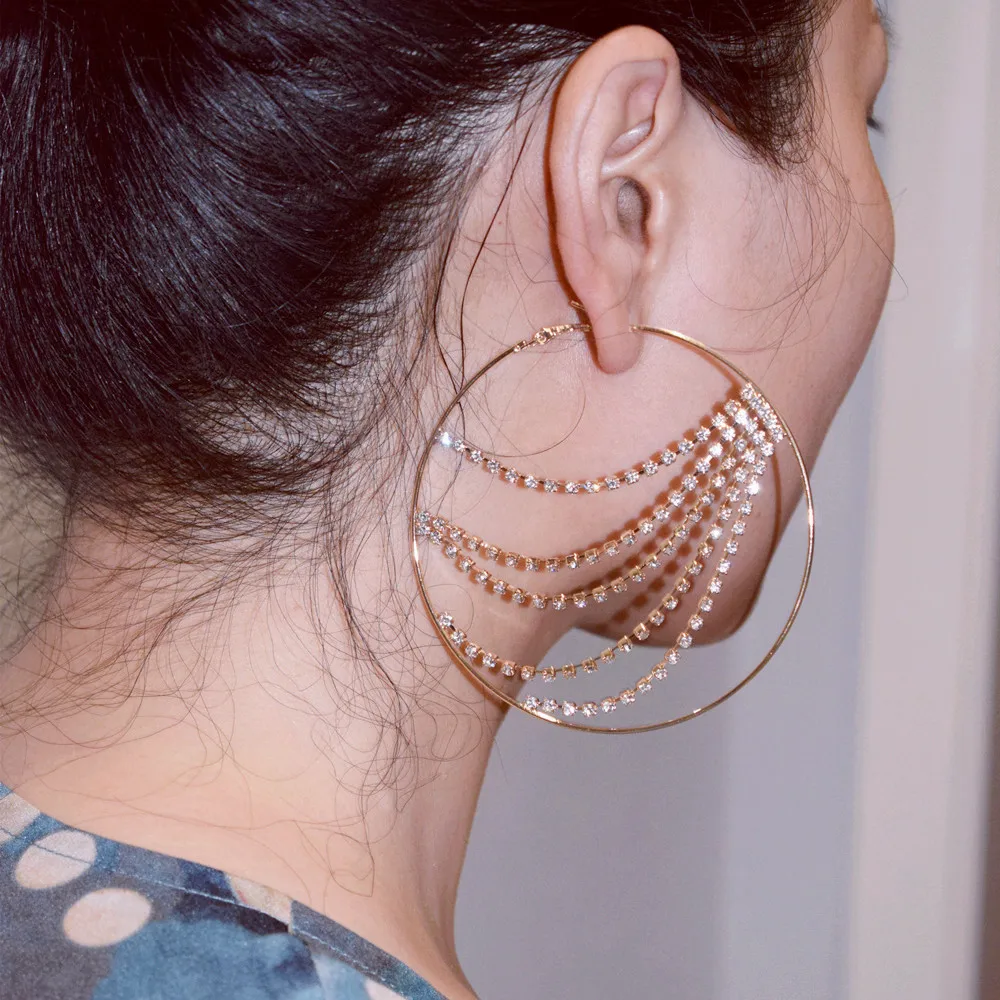 

New Design Shiny Rhinestone Tassel Big Hoop Earrings for Women Exaggerated Metal Round Circle Earrings Hoop Jewelry Accessories