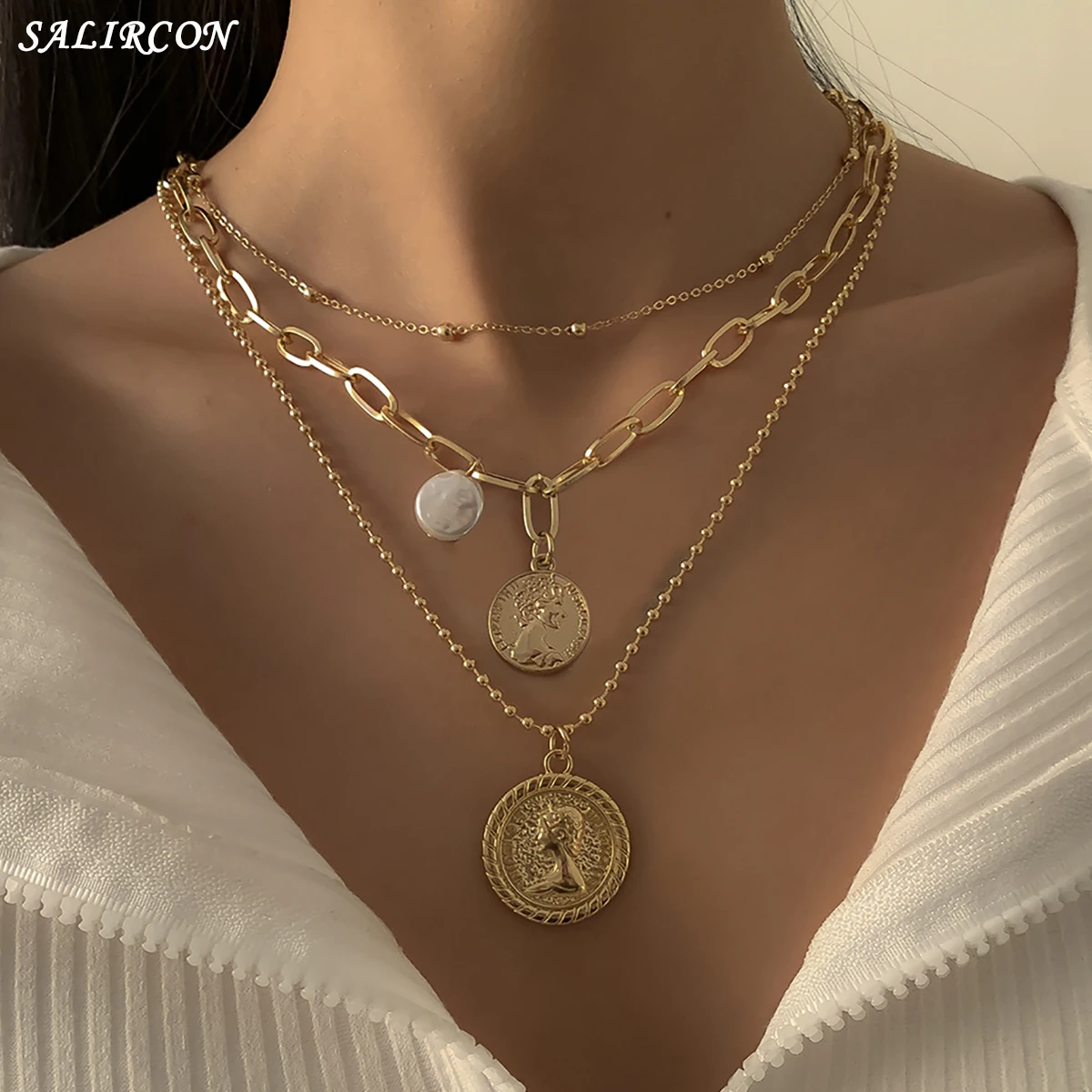 

Vintage Multi Layer Carved Coin Portrait Pendant Necklace for Women Kpop Baroque Pearl Beads Chain Necklace Fashion Jewelry 2021
