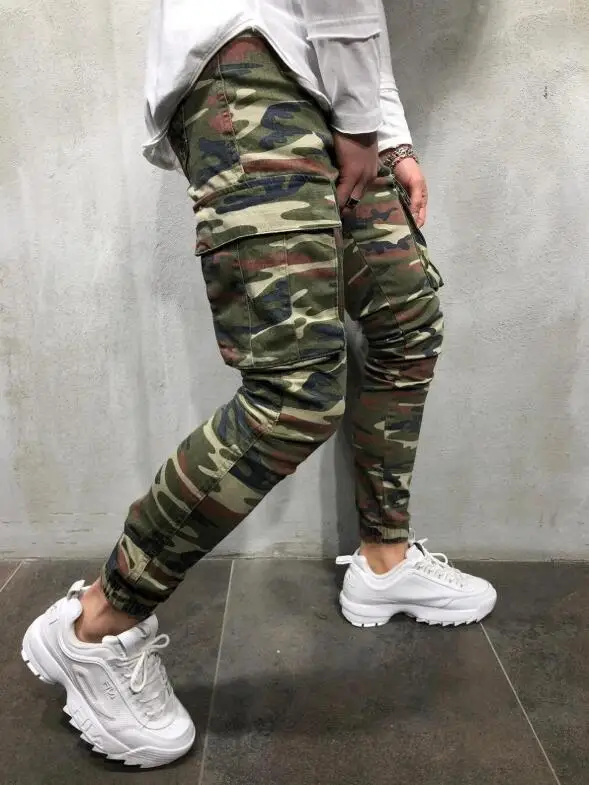 Men Multi-pocket Stretch Jeans Camouflage Elastic-leg Jeans Streetwear Denim Pants Slim Fit Zipper Decoration Ripped Jeans Male