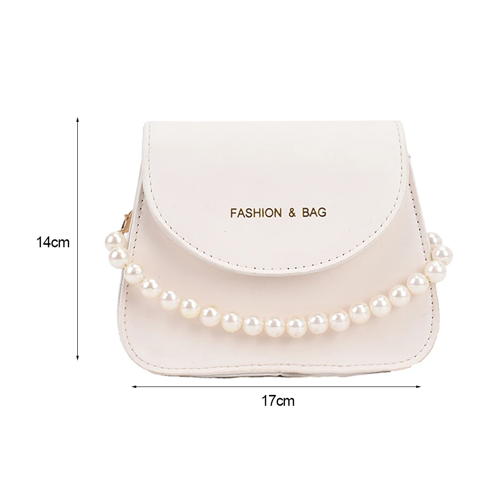 

Fashion Women PU Leather Solid Color Semicircle Shoulder Crossbody Messenger Bag Casual Ladies Pearl Chain Mini Flap Handbags