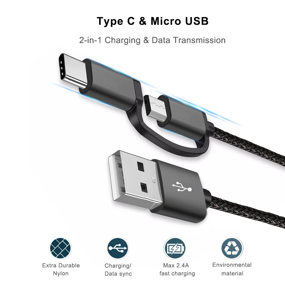 USB Type C Micro 2 IN 1 Fast Charge Cable For Xiaomi Huawei Samsung Nokia Sony Oukitel Mobile Phone Cables 0.5M 1M 2M 3M | Электроника